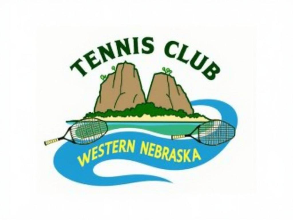 This image shows the logo for a tennis club in Western Nebraska. It features a stylized illustration of two rocky formations, representing the region's landscape. The text "TENnis CLuB" is written at the top in green, emphasizing the sport. Below the rocks is a blue wave shape where the name "WESTERN NEBRASKA" is displayed prominently in yellow. Two tennis rackets are depicted at the bottom as part of the logo design, showcasing the club's focus on tennis. The overall color scheme includes blue, green, yellow, and white, giving a fresh and inviting look.