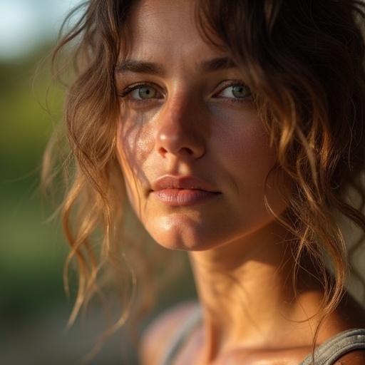 Portrait photo of a beautiful woman with red hair and blue eyes in soft natural light. Captured with Canon EOS R5 and 50mm f/1.2L lens. Adjusted aperture to f/2.0 for shallow depth of field, creating a blurred background. Composition focuses on the rule of thirds with the subject slightly off-center. Shutter speed set to 1/125 for sharpness. White balance set to neutral for natural colors. Soft shadows and contour lighting add depth and highlight the subject features.