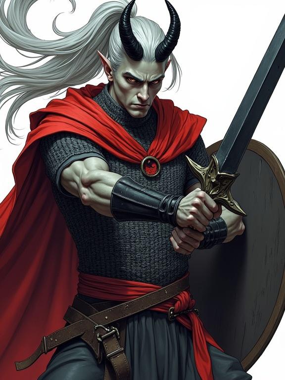 Depiction of a tall tiefling character mid-swing with black longsword. Features ash-gray skin, amber eyes, long silver hair, sleek black curved horns. Wears a chainmail shirt with a red cloak, shield on back. Artwork has detailed comic book style. Dynamic action pose.
