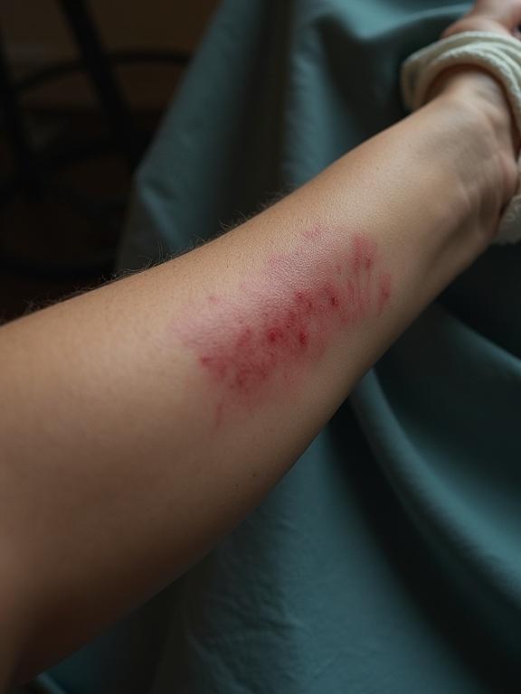An image showing a cut wound on a forearm. The skin appears straight with a noticeable mark of injury. Surrounding area is soft in color. The background has a slight blue-gray tint from drapes or cloth.