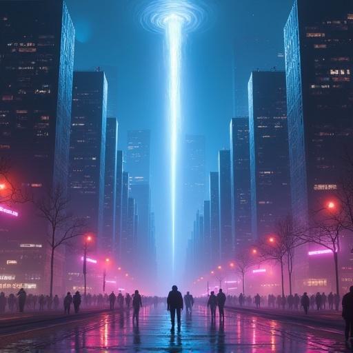 digital painting of a futuristic city at night featuring V-shaped skyline glowing skyscrapers creating a corridor drone-like figures crossing the street unaware of descending meteor with radiant beam of energy moody atmosphere vaporwave color palette
