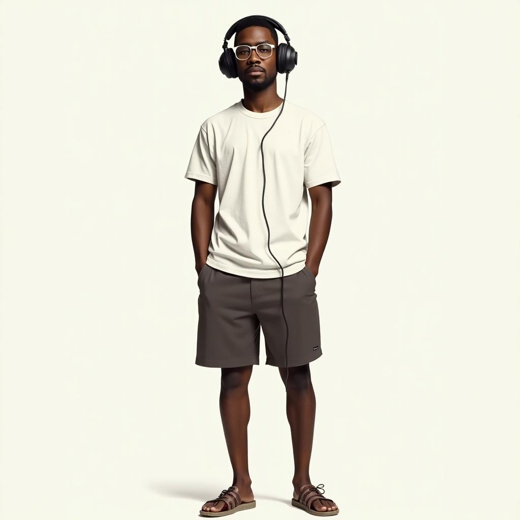 A tall and thin guy stands confidently, wearing a simple white T-shirt and brown shorts. He has oversized headphones resting on his head, creating a stylish music vibe. His glasses add an intellectual touch to his casual look. He wears comfortable shoes without laces, perfect for a laid-back summer day. The background is a soft, light color that accentuates his outfit and relaxed demeanor.