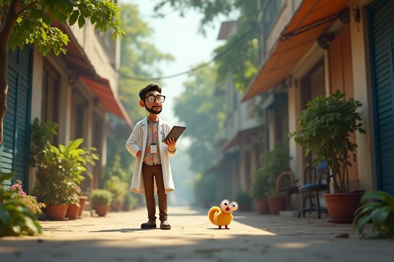 Serene establishing shot of a quiet Kolkata street in bright daylight. Zooming into a garage lab filled with futuristic gadgets. Dr. Arghya Sen stands holding a tablet. Bubu nibbles on a crumb nearby. Scene has Pixar-style charm.