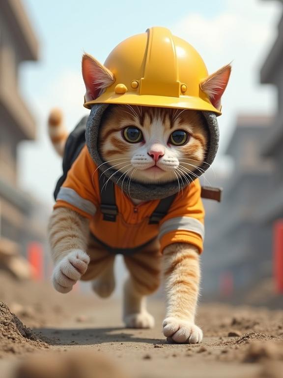Realistic cat in construction helmet and clothes on a construction site running with a tired look