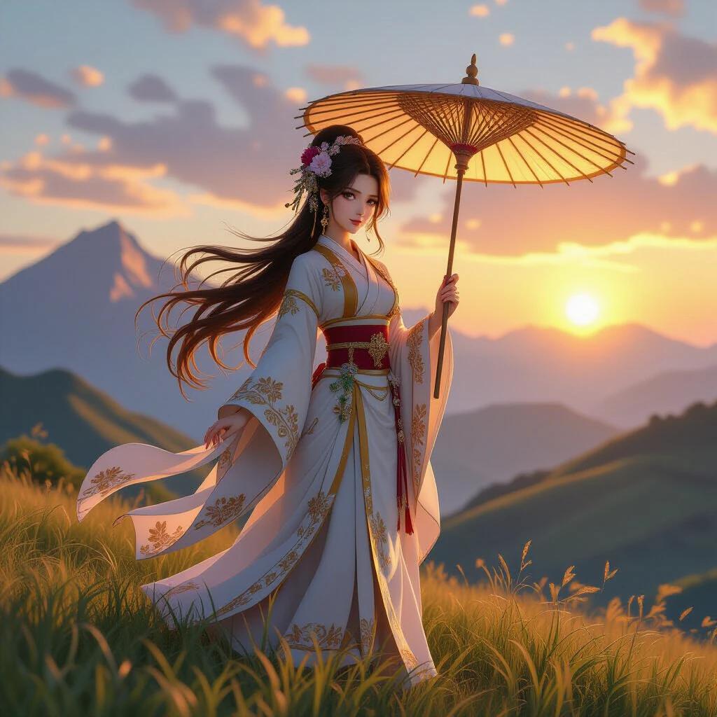 Elegant woman inspired by Exorcist Miya stands on grassy hill at sunset. Long flowing brown hair with floral accessories. Detailed traditional outfit with white and gold. Holding a parasol and decorated staff. Serene, confident expression. Majestic mountains in warm sunset sky. Wind moves hair and clothes. Ultra-realistic lighting. Soft atmosphere. Detailed textures. Cinematic anime-inspired realism.