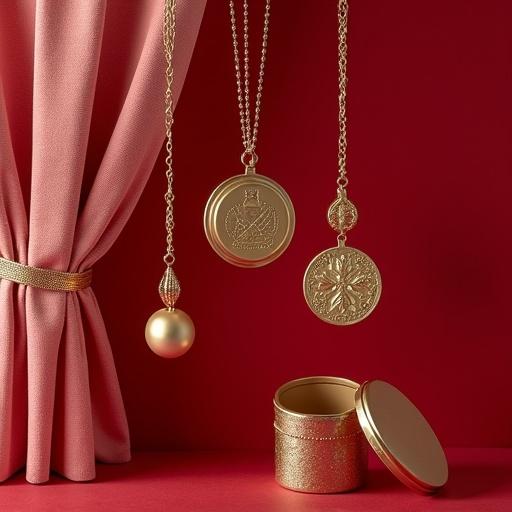 Display of jewelry with dark red backdrop. Hanging gold ornaments and a decorative container. Elegant and vibrant.