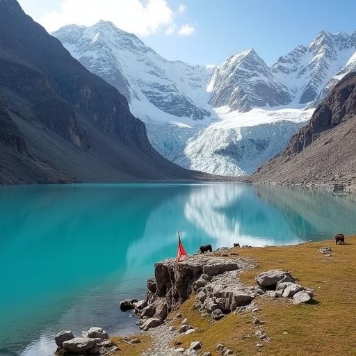 A turquoise glacial lake at Everest’s foothills fed by melting ice. Surrounding mountains are sheer granite walls with avalanche paths. Prayer flags flutter on rocky outcrop. Distant yaks graze on sparse alpine grass. High-altitude clarity, mineral sediment, Sony A1.