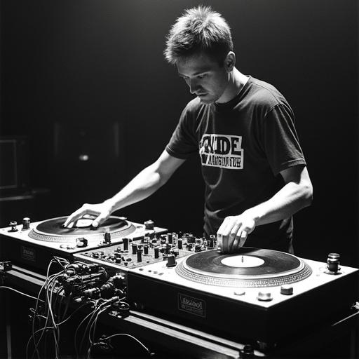 DJ Tibor Hornicky from Slovakia performs on two turntables. Turntables are positioned closely together. Mixer located on the right side. DJ executing intricate turntable tricks at high speed during a competition.