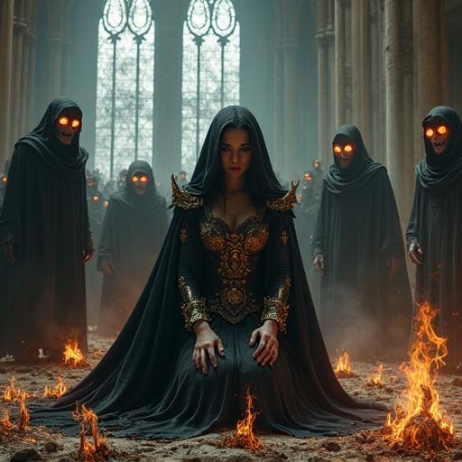 A powerful dark sorceress kneels in a ruined gothic cathedral. Surrounding her are undead wraiths with burning eyes and skeletal faces. She wears an ornate black and gold ritual outfit. Glowing embers float in the air.