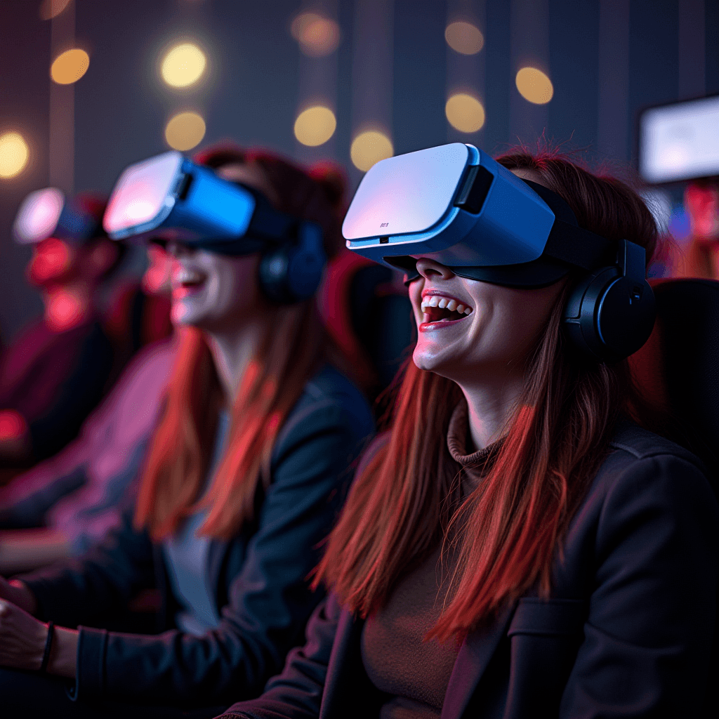 People immersed in virtual reality, laughing in a vibrant setting.