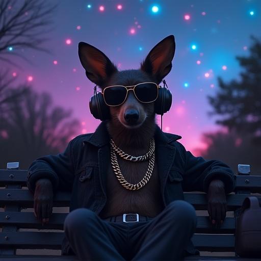 A cute dapper animal person sitting on a park bench. Wears futuristic sunglasses and headphones. Displays a gold chain around the neck. Background features an RGB nebula sky. A captivating scene ideal for a music album cover.