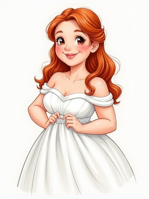 Pencil illustration of a young woman in a white wedding dress standing in a playful pose. She has long red hair and looks happy. The illustration shows her full upper body. The wedding dress is elegant.