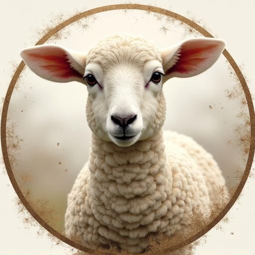 Image features a close-up portrait of a charming lamb. The lamb has curly wool and a gentle expression. It is framed in a circular border. Background is soft and blurred. Ideal for animal themes.