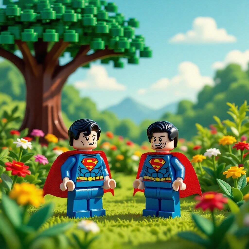 Two LEGO Superman figures stand in a whimsical garden. Bright colors surround them including flowers and trees. A serene sky is present in the background. The scene captures innocence and wonder.