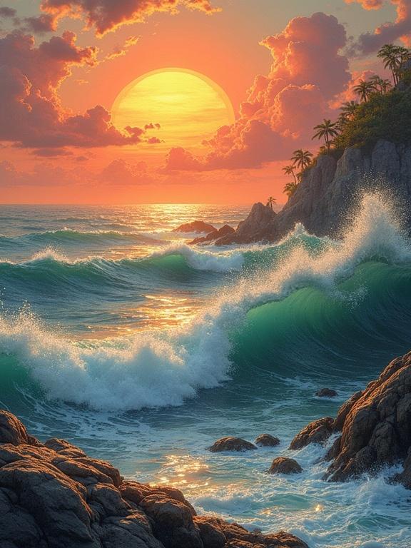 A beautiful sunset over the ocean. Waves crashing against rocky shores. Palm trees on a hill. Vibrant clouds illuminated by the setting sun. Ocean in shades of blue and green.