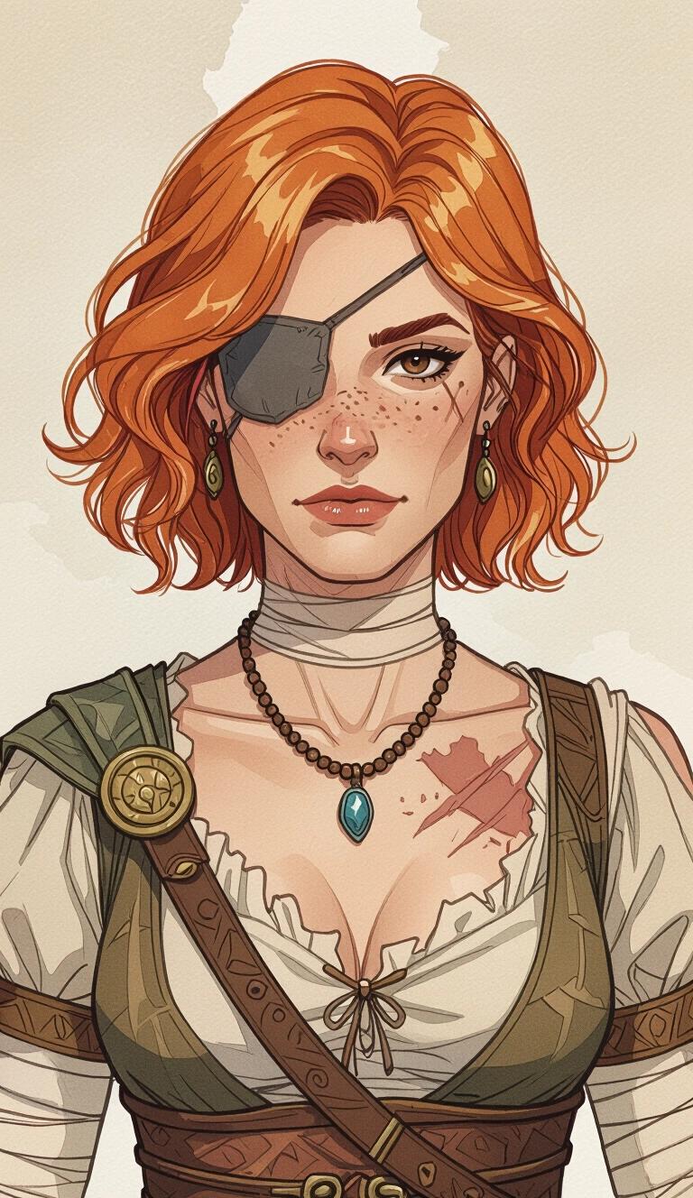 Detailed portrait of a female fighter. Short strawberry blonde hair styled with beach waves. Brown eyes with one eye covered by a patch. Visible battle scars on chin and neck. Bandaged chest with an ugly necklace featuring a single stone. Dressed in fantasy ancient Greek-style clothing. Candid pose as a Dungeons & Dragons character.