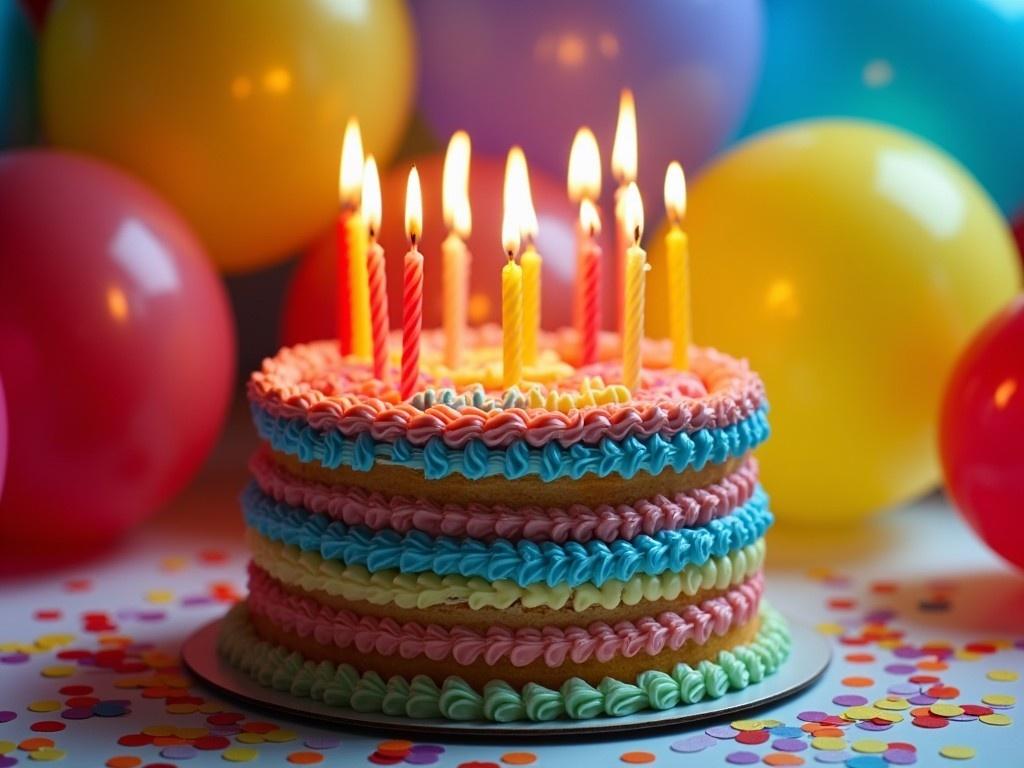 The image features a beautifully decorated birthday cake layered in colorful frosting. The cake has lit candles on top, emphasizing the festive mood. Surrounding the cake are several balloons in bright colors, creating a celebratory backdrop. The words '1000 Drains' are visible on the cake, suggesting it is for a birthday celebration. Confetti sits on the table underneath, adding to the party atmosphere.