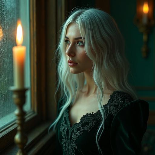Stunning woman with long silver hair and emerald eyes in dark velvet gown near window. Candlelight illuminates her face as she gazes outside. Soft rain streaks on glass create a dramatic atmosphere.