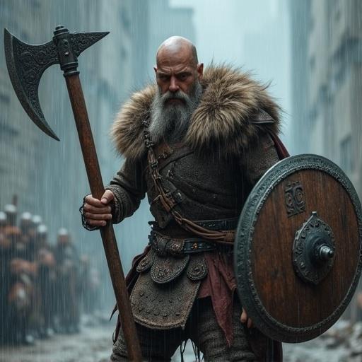Viking warrior dual wielding medieval battleaxes. The warrior appears ready to attack enemies. The scene is hyper-realistic with extremely detailed elements. Rain adds a dramatic effect to the atmosphere.