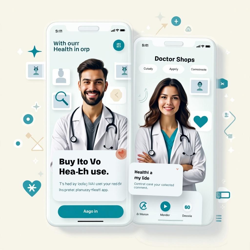 Creative healthcare app for health management. Featuring doctors on two mobile phones. Vibrant colors and humorous elements included. Unique design inspires user engagement.