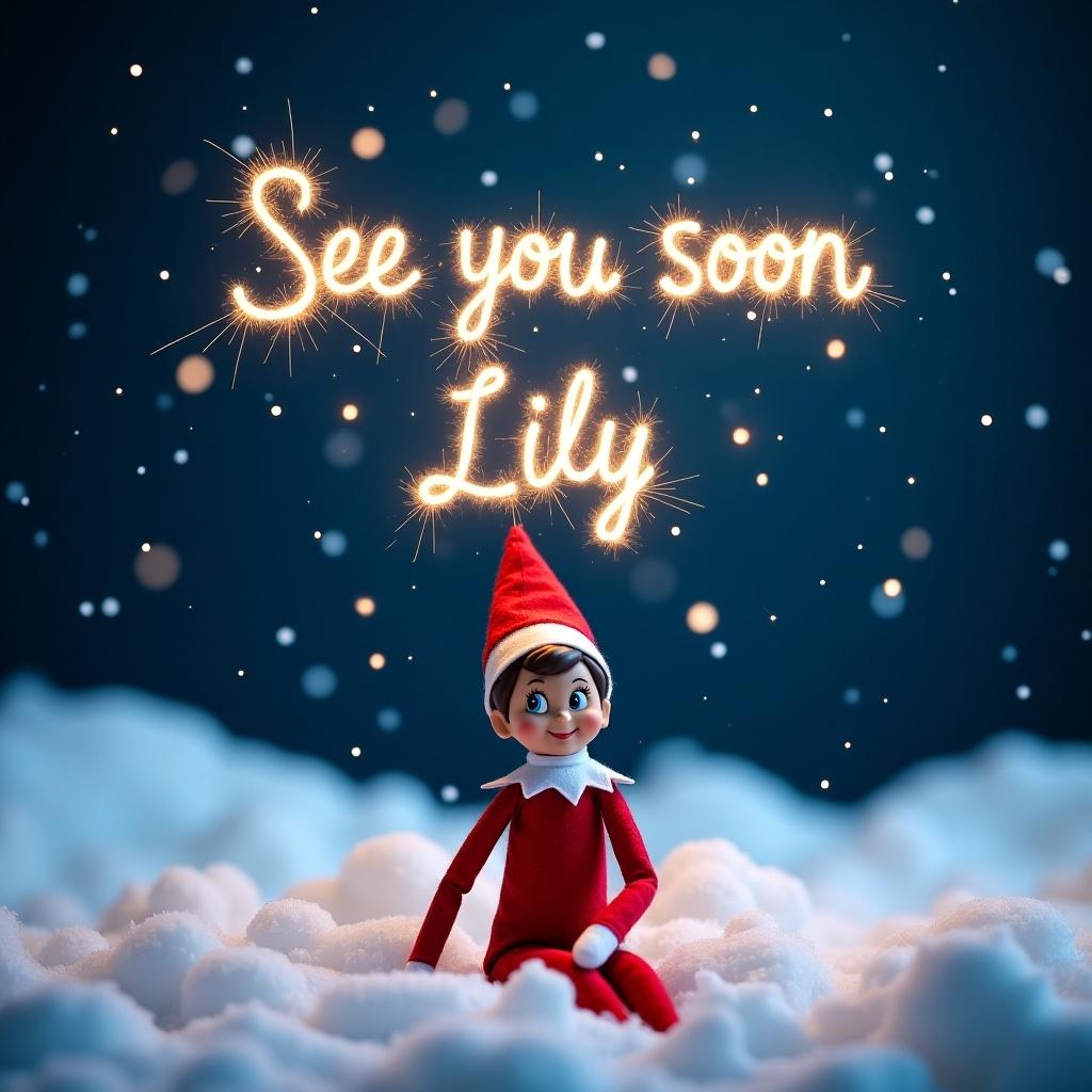 The image features an Elf on the Shelf sitting in a snowy landscape at night. Snowflakes softly fall around the cheerful elf, who is dressed in a classic red and white outfit. Above the elf, the words 'See you soon Lily' are whimsically written in the sky, created with sparklers that emit a warm glow. The background is a rich blue, enhancing the magical ambiance. The snowy ground is puffy, resembling clouds, adding to the enchanting feel of the scene. The words 'See you soon Lily' are written in sparkling text.