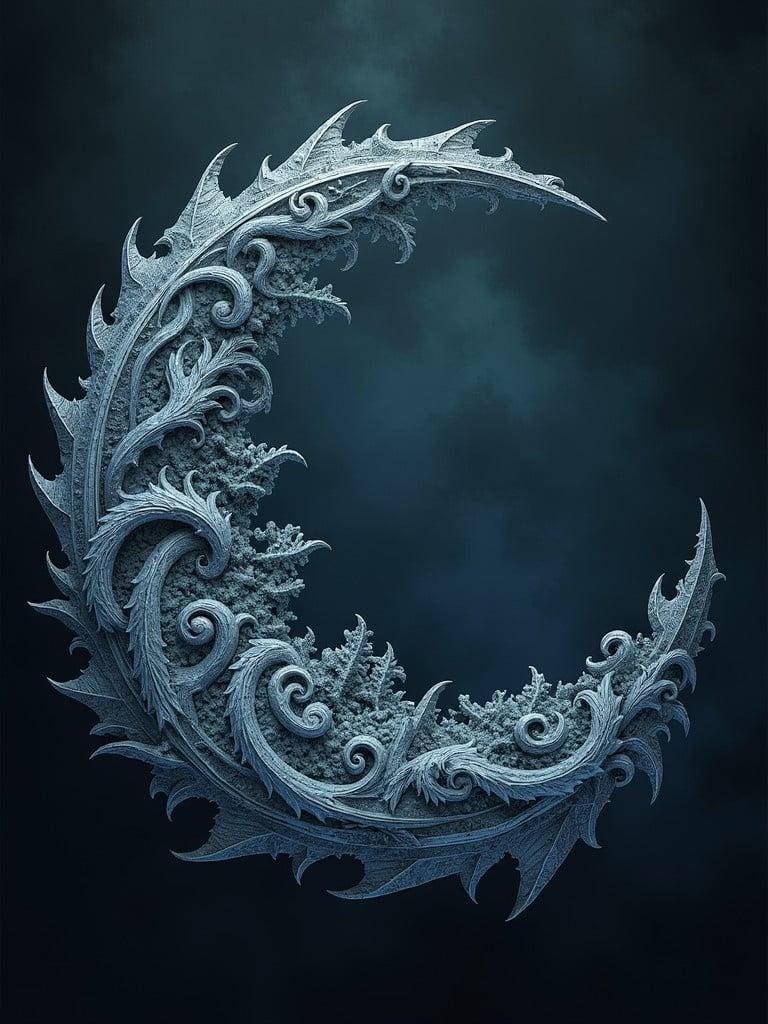 Crescent moon design intricately intertwined into a crest. Created for shadow elementals. Emphasizes deep textures and ornate details. Projected against a dark background.