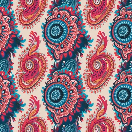Vector seamless pattern with colorful lace in a paisley design. Features intricate motifs and a transparent background.