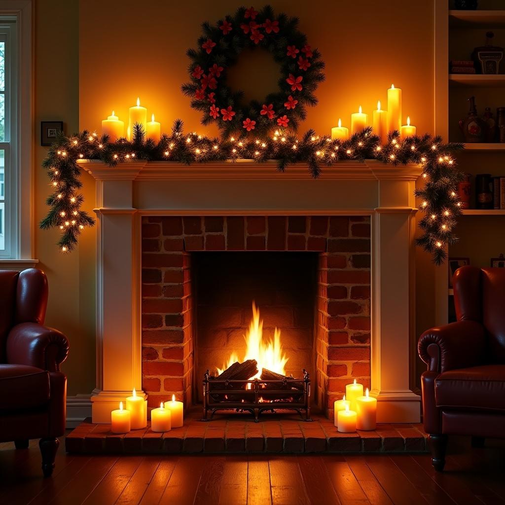 Cozy fireplace with burning ambers. Christmas lights decorate the mantel. Soft candlelight enhances the warm ambiance. Red chairs add comfort.