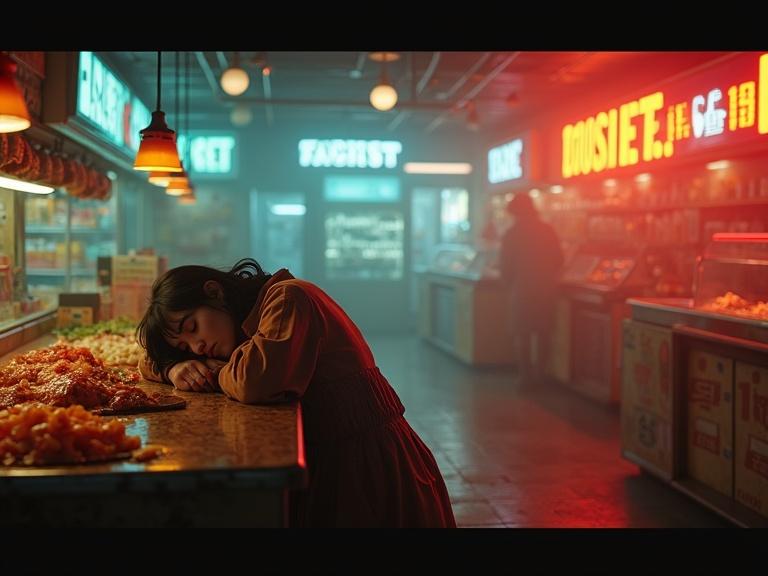 A futuristic night market features a female clerk asleep on the counter. The environment hints at burning structures in the background. Atmospheric lighting creates a surreal vibe.