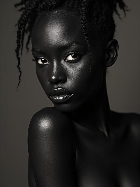 A woman completely covered in black body paint poses elegantly. The image focuses on her face and upper body, showcasing the smoothness of the paint. The lighting highlights her features.