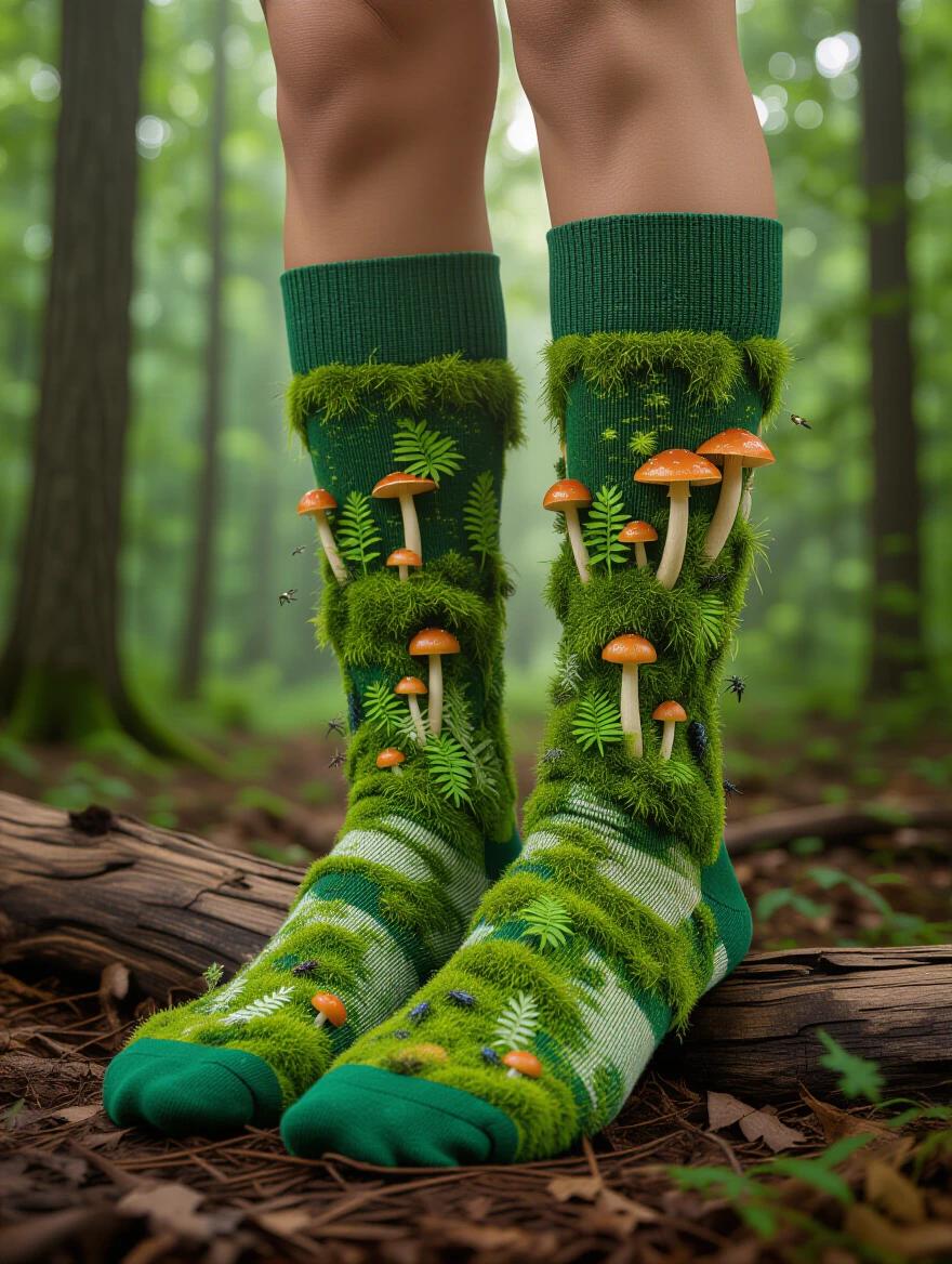 Knee-high socks mimic living moss and forest ecosystems. Socks showcase realistic moss textures and miniature mushrooms. Tiny ferns and dewdrops decorate the surface. Insects crawl across the socks. LEDs simulate blinking fireflies within the moss. Ecosystem transitions from dense forest floor at foot to lighter patches at calf. Model poses on fallen log in forest. Dappled lighting filters through canopy. Morning mist adds ethereal quality. Macro photography captures textile detail. Socks appear lifelike and dynamic. Image shows fashion and nature merging seamlessly.