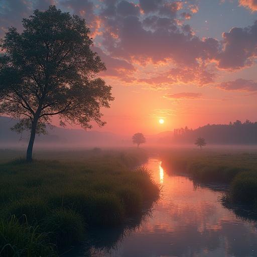 Ethereal sunset sky over a grassy area featuring a solitary tree. A lovely river reflects the sunset, with glowing fireflies and the moon visible in the distance. A masterpiece with halation effect.