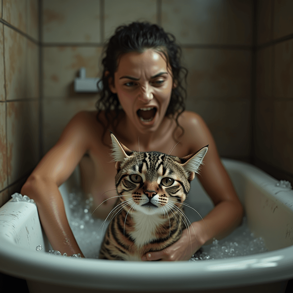 A woman and a cat in a bathtub express displeasure during bath time.