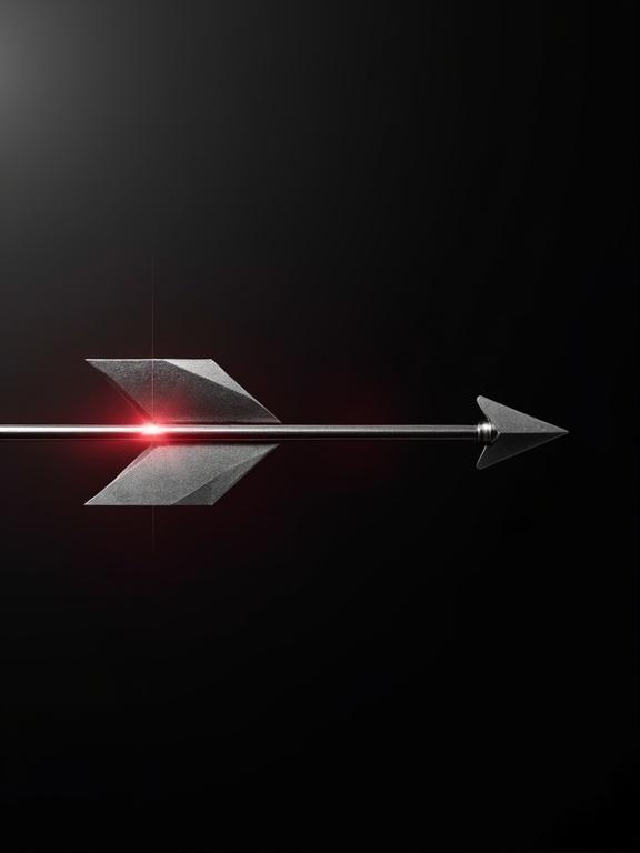 Dark silver background features a sleek silver arrow with metallic reflections flying towards the left. Neon glow enhances the arrow with a black-and-red cinematic look. Camera captures a slight slow-motion zoom-in at the moment of impact.