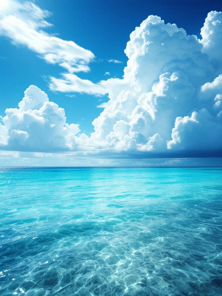 Scene of the Caribbean Sea under a sky filled with gorgeous white clouds. Vibrant turquoise sea captures tranquil tropical paradise essence. Horizon blends seamlessly for infinite tranquility. Atmosphere feels serene and inspiring, evoking journey and exploration.