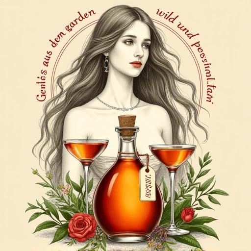 Stylized illustration features apothecary bottle filled with golden-reddish herbal liqueur. Bottle has a cork lid and a hang tag labeled ALFRUNO. Two liqueur glasses filled with same liquid beside the bottle. Surrounding elements include green herbs, wildflowers, and a rose. Above the bottle, a detailed line drawing of a goddess's upper body with long flowing hair. Necklace and earrings adorn her. Background is muted beige with circular red text reading 'Genuss aus dem Garten der Natur - wild und besonders'. Layout is symmetrical combining nature and elegance with a vintage aesthetic.