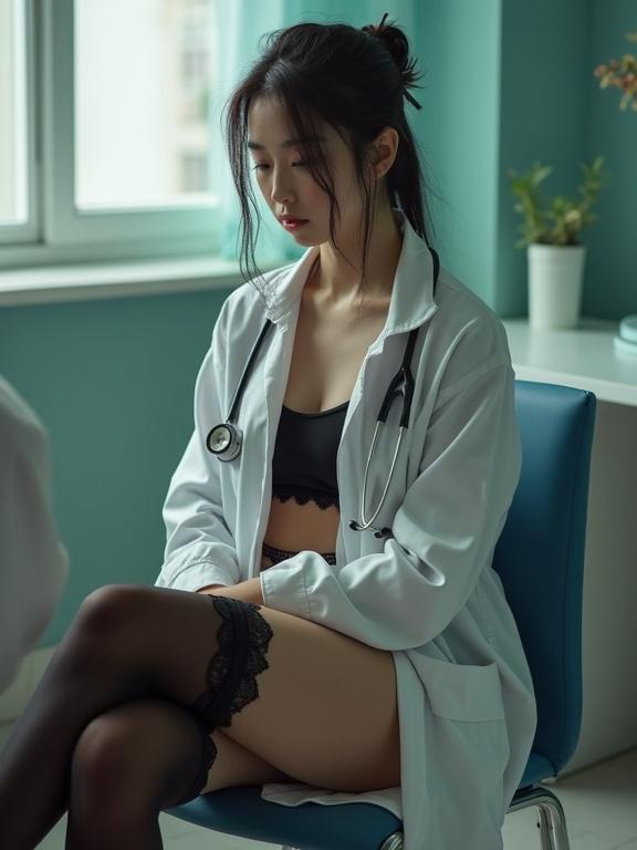 Ultra low angle shot of a petite Chinese female doctor sitting on a chair. She wears a torn white coat and a stethoscope. Attire includes black undies and lace stocking. Wet tied hair adds to her look. The atmosphere is enhanced by gentle light.