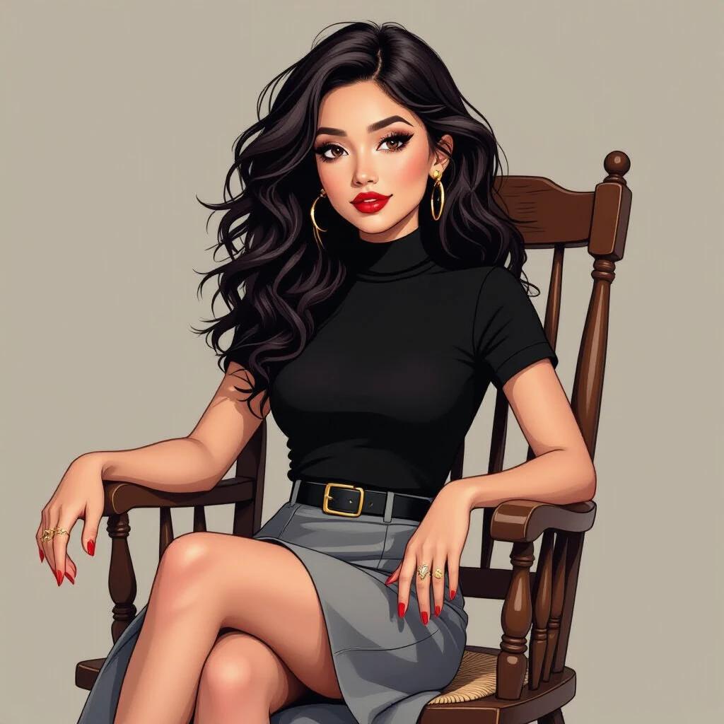 Illustration of a modern fashionable woman sitting on a rocking chair. She has long black curly hair and delicate features. Wearing a black high-neck top and a gray high-waisted skirt with a belt. Holding a drink in one hand and a smartphone in the other. Surrounded by green plants and night city view.