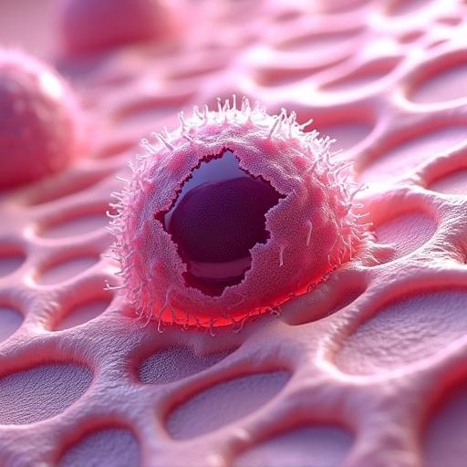 Detailed 3D rendering of a cancer cell emergent from healthy tissue. Normal epithelial cells are in orderly layers. Cancer cell is large and irregular with a dark purple nucleus. The image shows hyperchromatic features. Soft illumination reveals differences between cell types. Microscopic view emphasizes cellular structure.