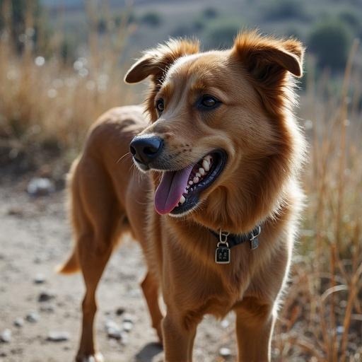 Un perro en un camino con hierba a su alrededor. El perro sonríe y se ve feliz.