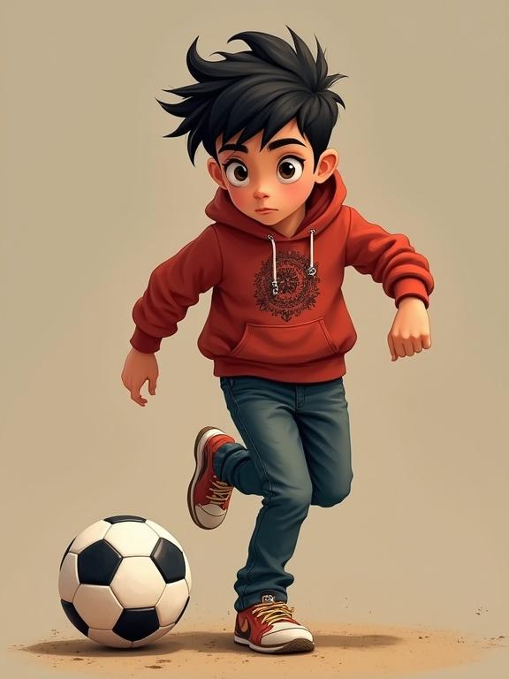 A bold resourceful boy plays football. He is 11 years old with large brown eyes and tousled black hair. He wears dark jeans and a red hoodie featuring Arabian art. Scuffed sneakers are on his feet. A thin leather cord hangs around his neck with a small silver Janbiya pendant, a gift from his dad. The boy exudes energy and bravery.