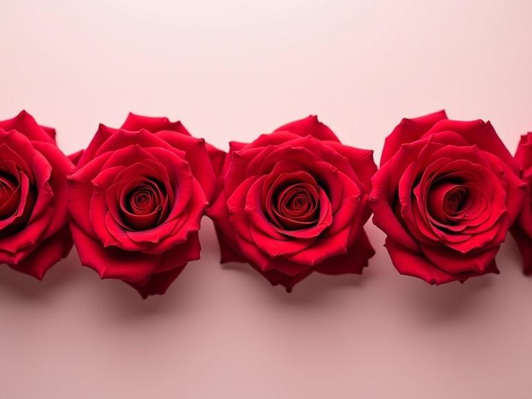 Five vibrant red roses arranged in a horizontal bar. Roses viewed from top side, tightly placed, no gaps. Background soft and minimal, focusing on petals. Elegant and romantic style.