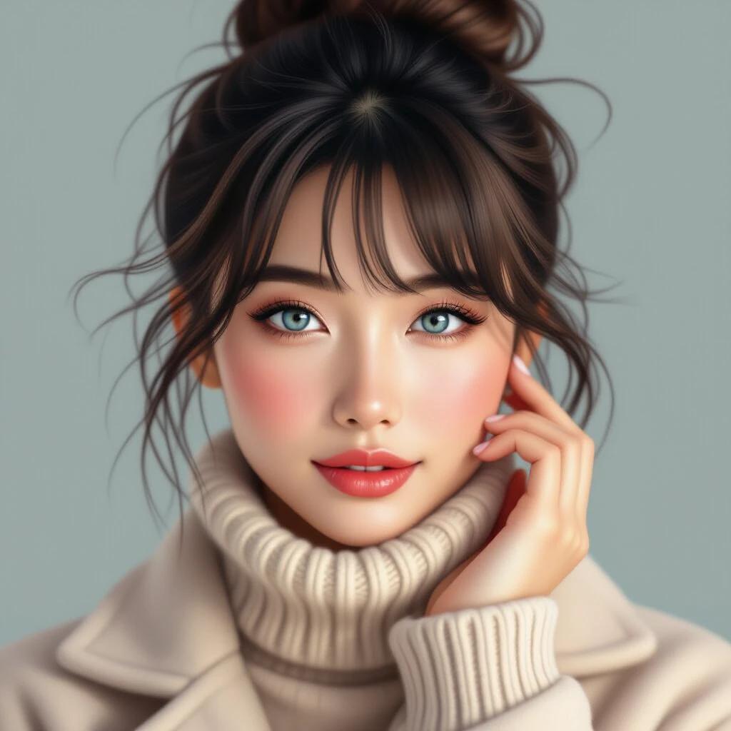 Close-up portrait of a beautiful young Asian woman looking at the viewer. Detailed eyes with a subtle smile. Messy bun with thin bangs. Voluminous knitted turtleneck sweater and elegant coat. Hand gently touching her face with long slender fingers. Soft studio lighting creates a bright atmosphere.