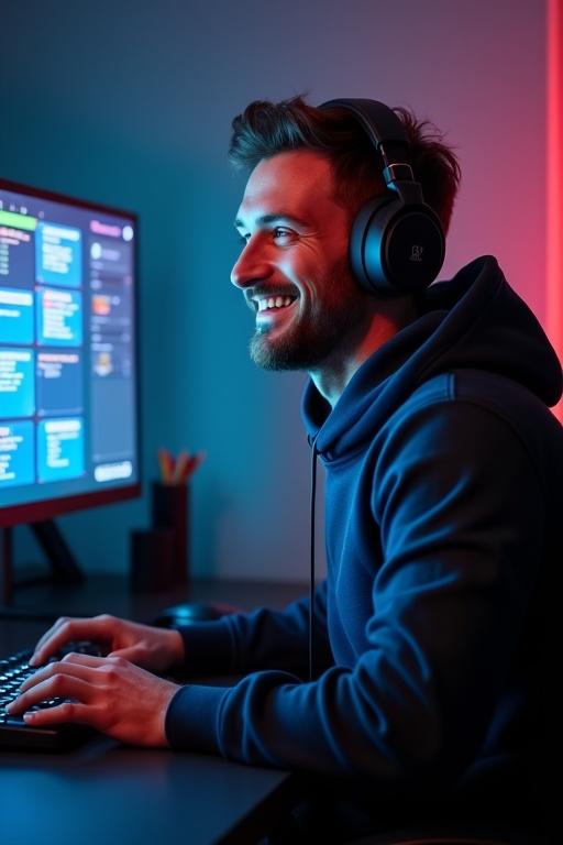 A person is live streaming while sitting at a gaming desk. The individual wears headphones and is focused on the computer monitor. The computer screen displays live chat messages. The background has colorful lighting creating a gaming atmosphere.