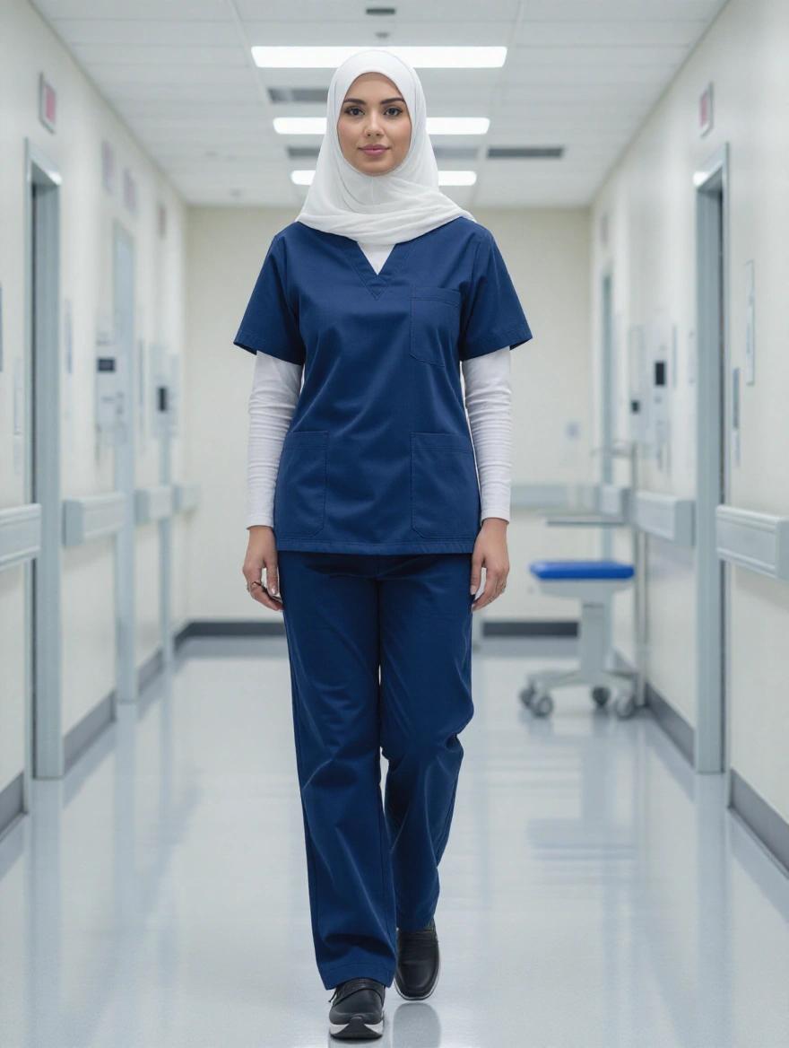 Woman wearing a white hijab. Tight dark blue medical uniform and shoes. Location is a hospital corridor.