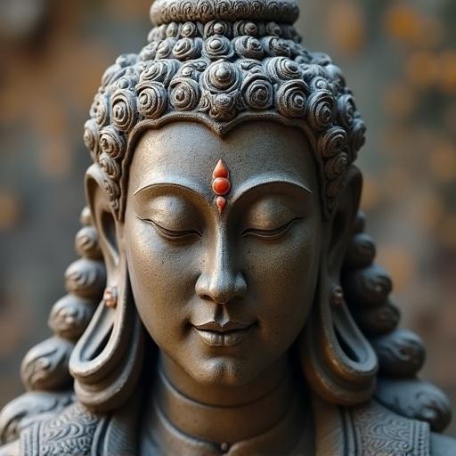 Intricate sculpture of Lord Shiva with a big face in a meditative pose. The hands display Shant Mudra indicating peace. The backdrop features a blurred texture. Focus on detailed carving.