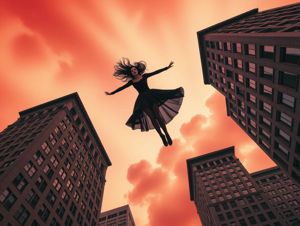 Gothic woman leaping from a tall building. Dynamic movement captured. Urban scene with tall buildings and a dramatic red sky. Realistic photo shot.