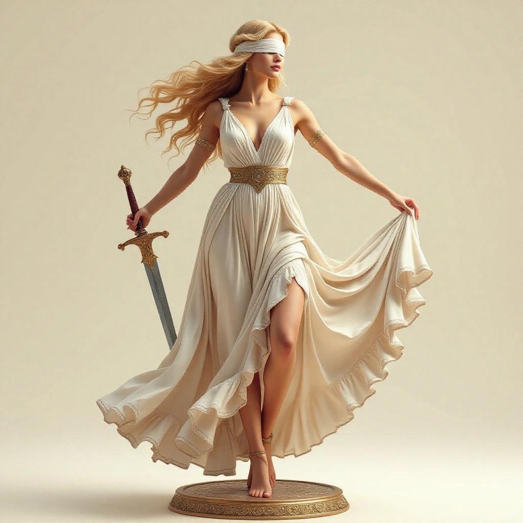 Sensual female figure inspired by the Libra sign. Beautiful blonde woman stands on one foot in a dancer's pose, arms extended for balance. Wears long, ruffled Greek-style dress, moves in the breeze. Long hair blows in the wind. Blindfolded with a decorative sword sheathed on her back.