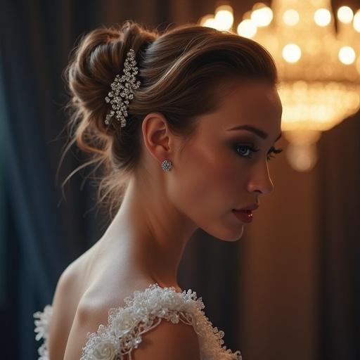 Diva wearing opera gloves showcasing a sophisticated chignon hairstyle. Sapphire teardrop earrings glimmer under a stunning chandelier casting a warm glow.