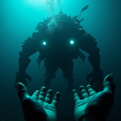 First-person view underwater shows massive mechanical sea creature. Diver’s hands in the foreground. Creature eyes glow bioluminescent. Ultra cinematic atmosphere.